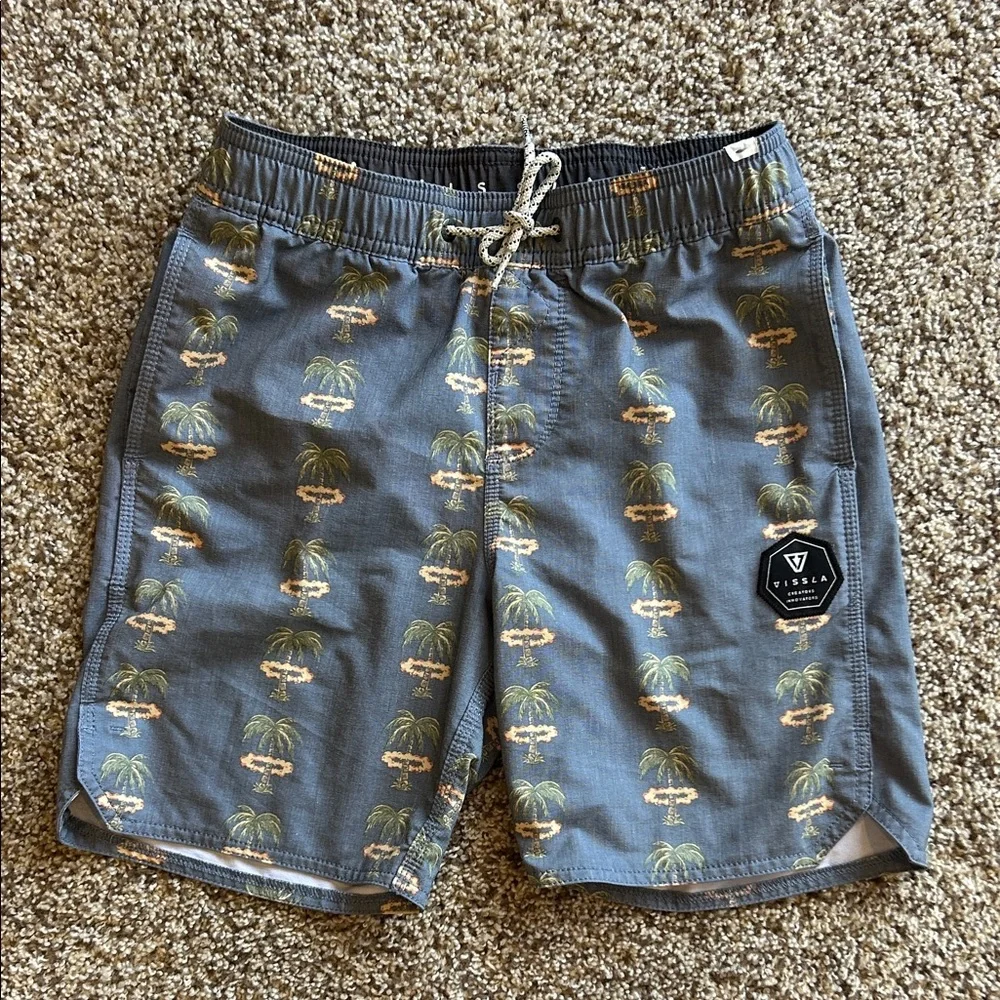 VISSLA Blue Swim Shorts with Green & Tan Palm Print